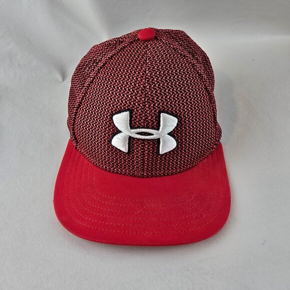 Under Armour Hat Cap Mens Adjustable Snapback Red Flat Bill Mesh Performance - Picture 1 of 5